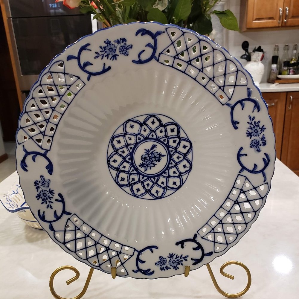 Vintage Blue and White Porcelain Reticulated Shallow Bowl